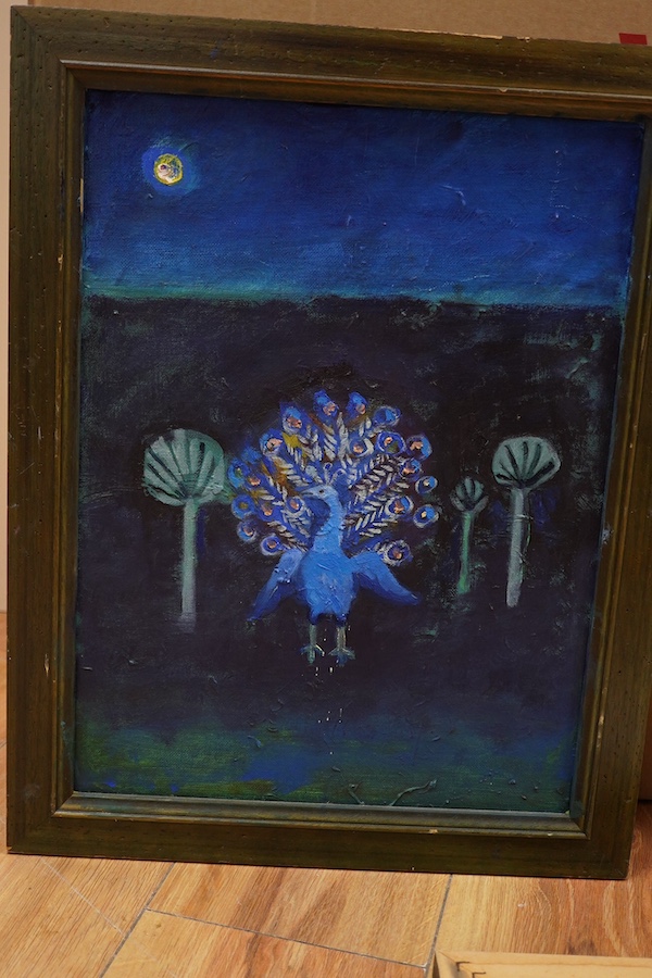 Caroline Conran, two oils on canvas, Peacock and parrot, together with a monochrome watercolour of a heron, one signed, largest 39 x 29cm. Condition - good